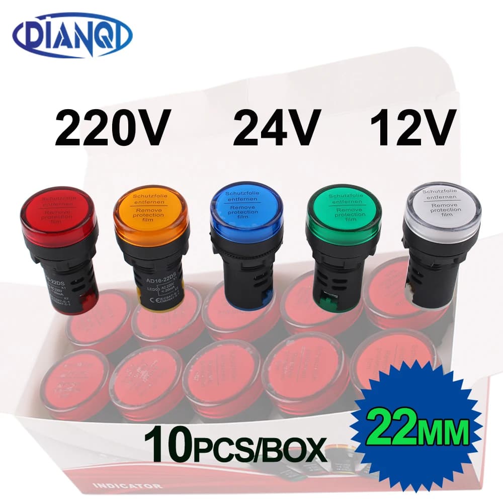 10pcs/lot Waterproof AD16-22DS 22mm 12V24V220V Red Blue Green White Yellow Panel Mount Signal Power Led Indicator Light