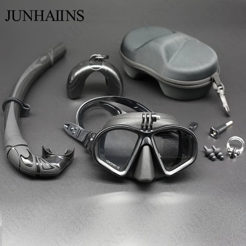 Wet Low Volume Diving Mask Tempered Glass Freedive Mask J-type Diving Mask Snorkel Set with Camera Mount Black