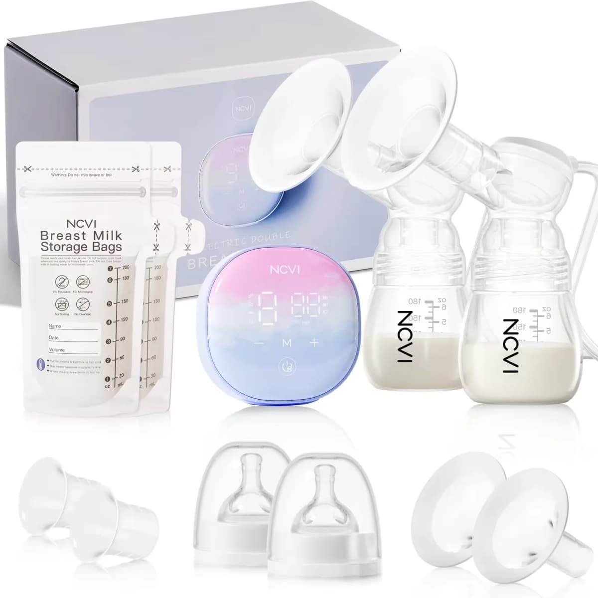 NCVI Double Electric Breast Pumps 4 Modes & 9 Levels with 4 Size Flanges & 10pcs Breastmilk Storage Bags
