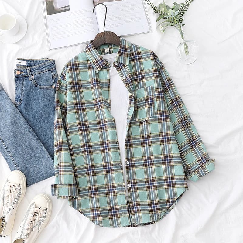 2023 New Fashion Loose Womens Plaid Shirt Fresh College Style Design Blouses And Tops Long Sleeve Casual Female Checked Clothes