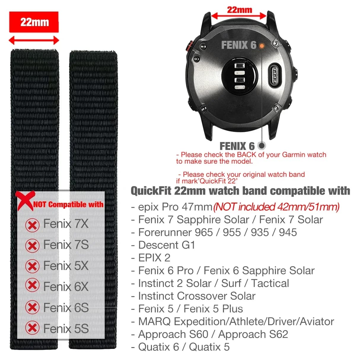 26mm 22mm Hook and Loop Quick Dry Watch Band for Garmin Fenix 7X / 6X / Fenix 5 /Fenix 6 / Instinct / EPIX 2/ Enduro Wrist Strap
