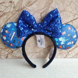 2024 Original Disney Mickey Ears Headband Shanghai Disneyland Minnie Leather Headband Hairband Sequin Bow Party Hair Accessories