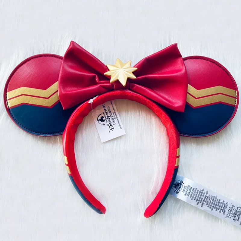 2024 Original Disney Mickey Ears Headband Shanghai Disneyland Minnie Leather Headband Hairband Sequin Bow Party Hair Accessories