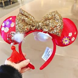 2024 Original Disney Mickey Ears Headband Shanghai Disneyland Minnie Leather Headband Hairband Sequin Bow Party Hair Accessories