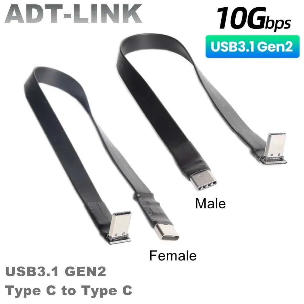 10Gbps Gen2 USB 3.1 Type C to Type C Flat Extension Cable Fold 90 Degree Angle USB-C Male Female FPC FPV Aerial Photography Cord