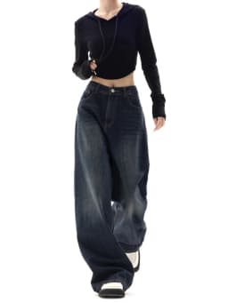 HOUZHOU Vintage Women Wide Leg Jeans Harajuku Baggy Denim Trousers Oversized Grunge Streetwear Y2k Autumn Pants Korean Fashion