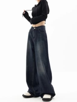 HOUZHOU Vintage Women Wide Leg Jeans Harajuku Baggy Denim Trousers Oversized Grunge Streetwear Y2k Autumn Pants Korean Fashion