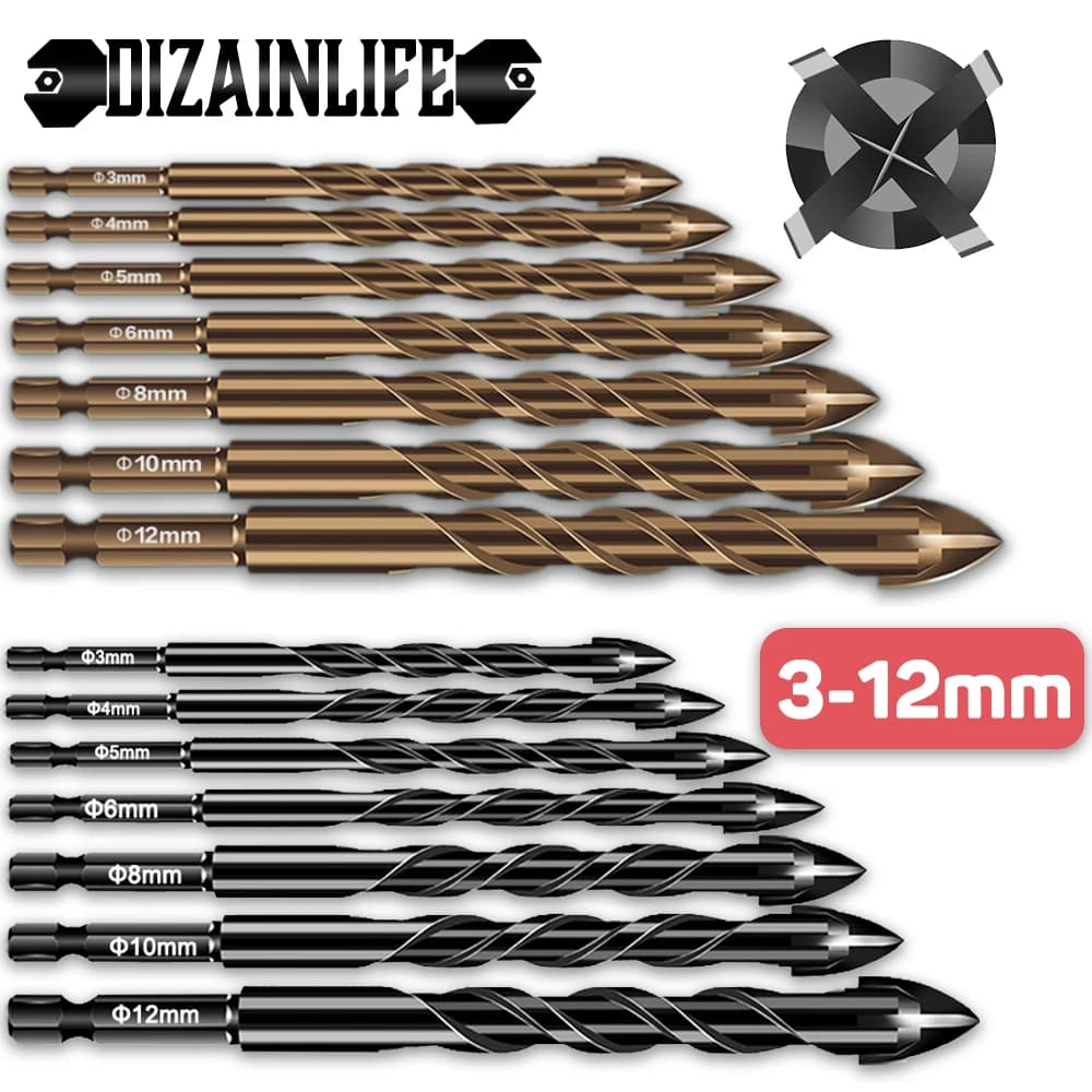 3-12mm Cross Hex Tile Drill Bits Set for Glass Ceramic Concrete Hole Opener Brick Hard Alloy Triangle Bit Woodworking Tool Kit