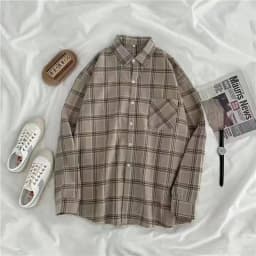 JMPRS Vintage Women Plaid Shirts Autumn Long Sleeve Oversize Button Up Tops Korean Loose Casual Fall Outwear Femme Shirts