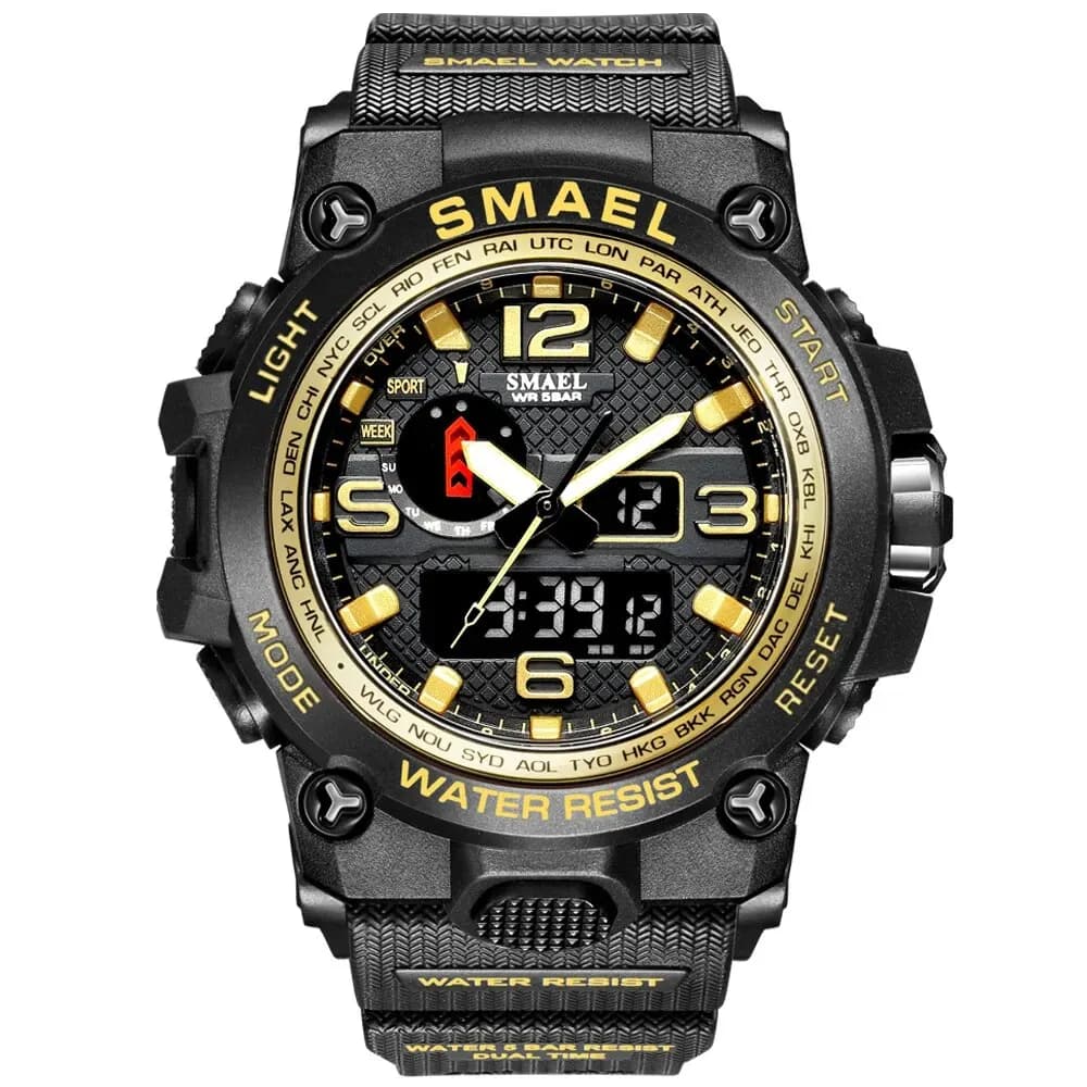 SMAEL New Sport Watch Mens 50M Waterproof Clock Alarm 1545D Dual Display Wristwatch Quartz Military Watches For Men