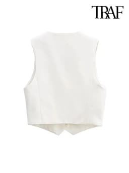 TRZA Women Fashion Front Buttons Cropped Waistcoat Vintage V Neck Sleeveless Female Outerwear Chic Tops