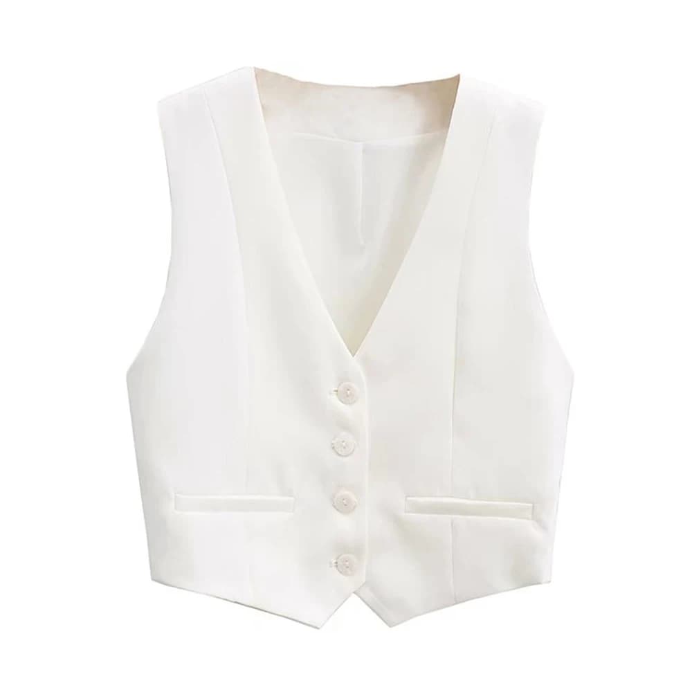 TRZA Women Fashion Front Buttons Cropped Waistcoat Vintage V Neck Sleeveless Female Outerwear Chic Tops