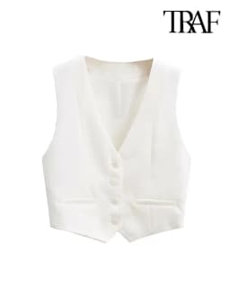 TRZA Women Fashion Front Buttons Cropped Waistcoat Vintage V Neck Sleeveless Female Outerwear Chic Tops
