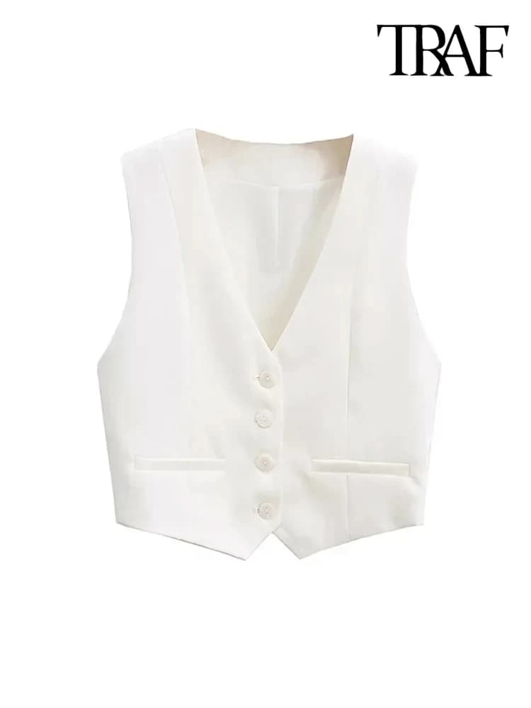 TRZA Women Fashion Front Buttons Cropped Waistcoat Vintage V Neck Sleeveless Female Outerwear Chic Tops