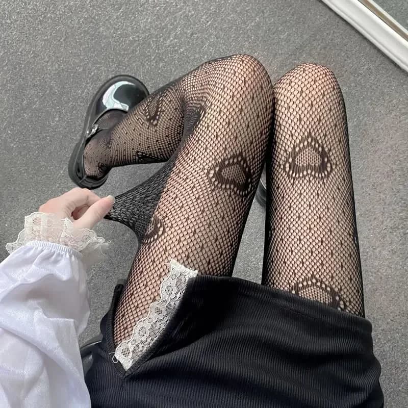 Heart Flower Mesh Stockings Japanese Girl Lolita Ins Tights White Fishnet Pantyhose Female for Women Summer Legging Stocking