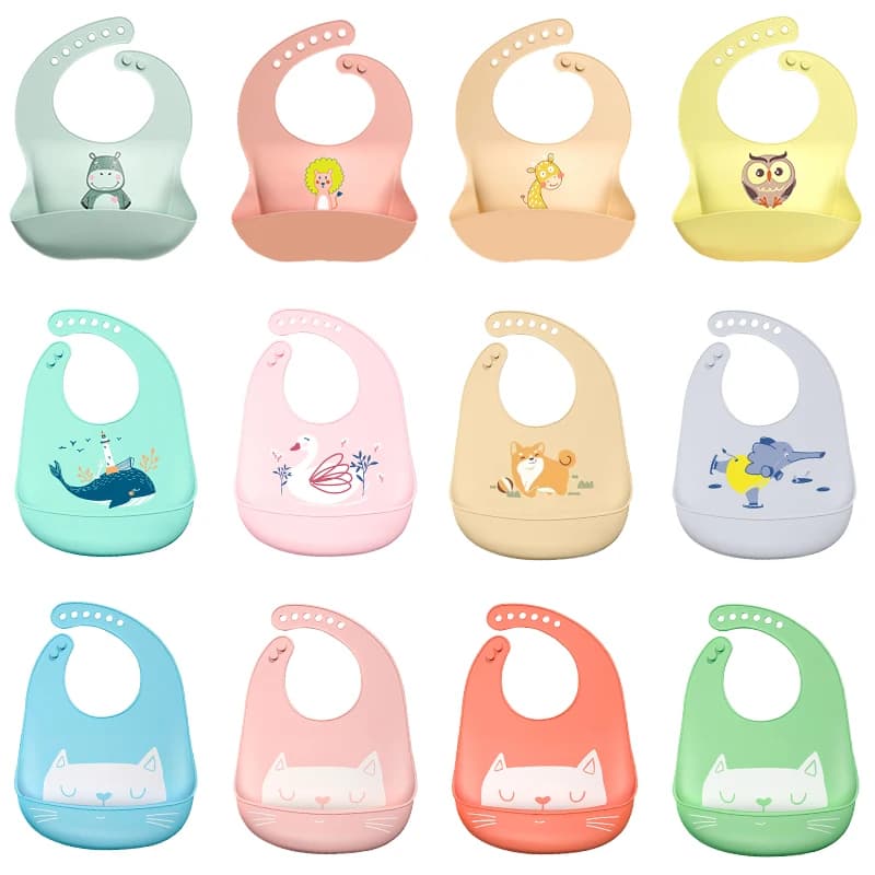 Waterproof Baby Bibs Baby Stuff Cute Cartoon Animal Printed Kids Bib Girl Boy Adjustable Soft Silicone Bib Baby Feeding Stuff