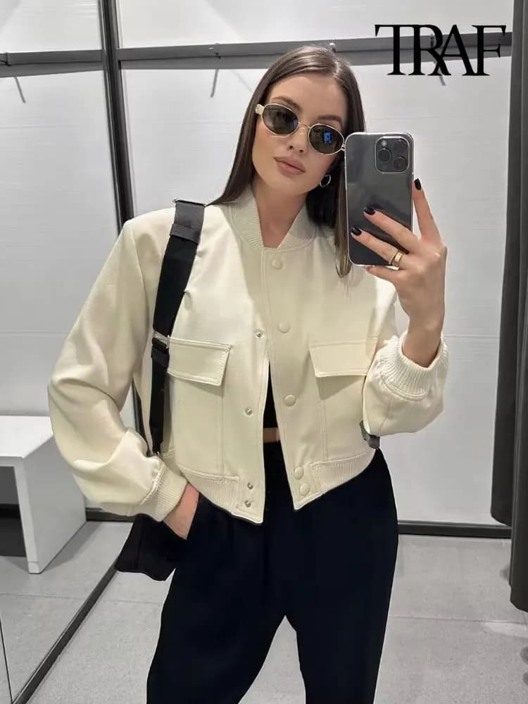 TRZA Women Fashion With Pockets Bomber Jacket Coats Vintage Long Sleeve Front Button Casual Female Outerwear Chic Tops