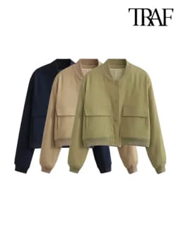 TRZA Women Fashion With Pockets Bomber Jacket Coats Vintage Long Sleeve Front Button Casual Female Outerwear Chic Tops