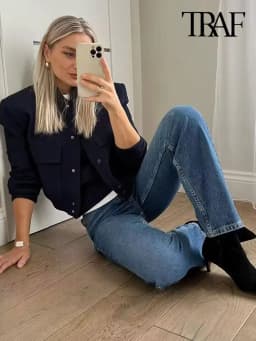 TRZA Women Fashion With Pockets Bomber Jacket Coats Vintage Long Sleeve Front Button Casual Female Outerwear Chic Tops