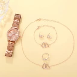 6PCS Set Rose Gold Luxury Watch Women Ring Necklace Earring Rhinestone Fashion Wristwatch Casual Ladies Bracelet Watches