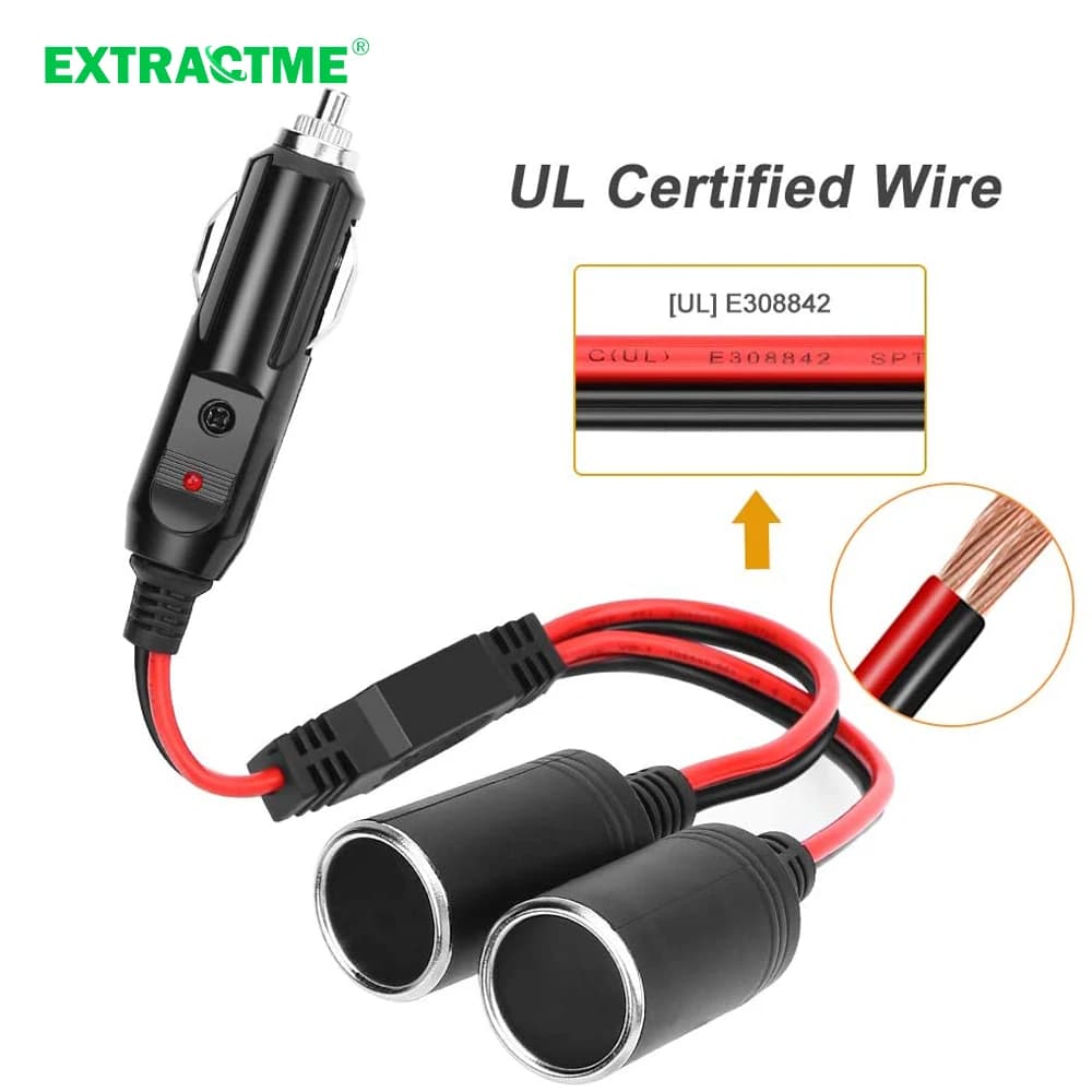 Extractme 1 to 2 Car Cigarette Lighter Splitter Adapter Power Charger Port 16AWG 12/24V Plug Socket 2-Way Splitter with 15A Fuse