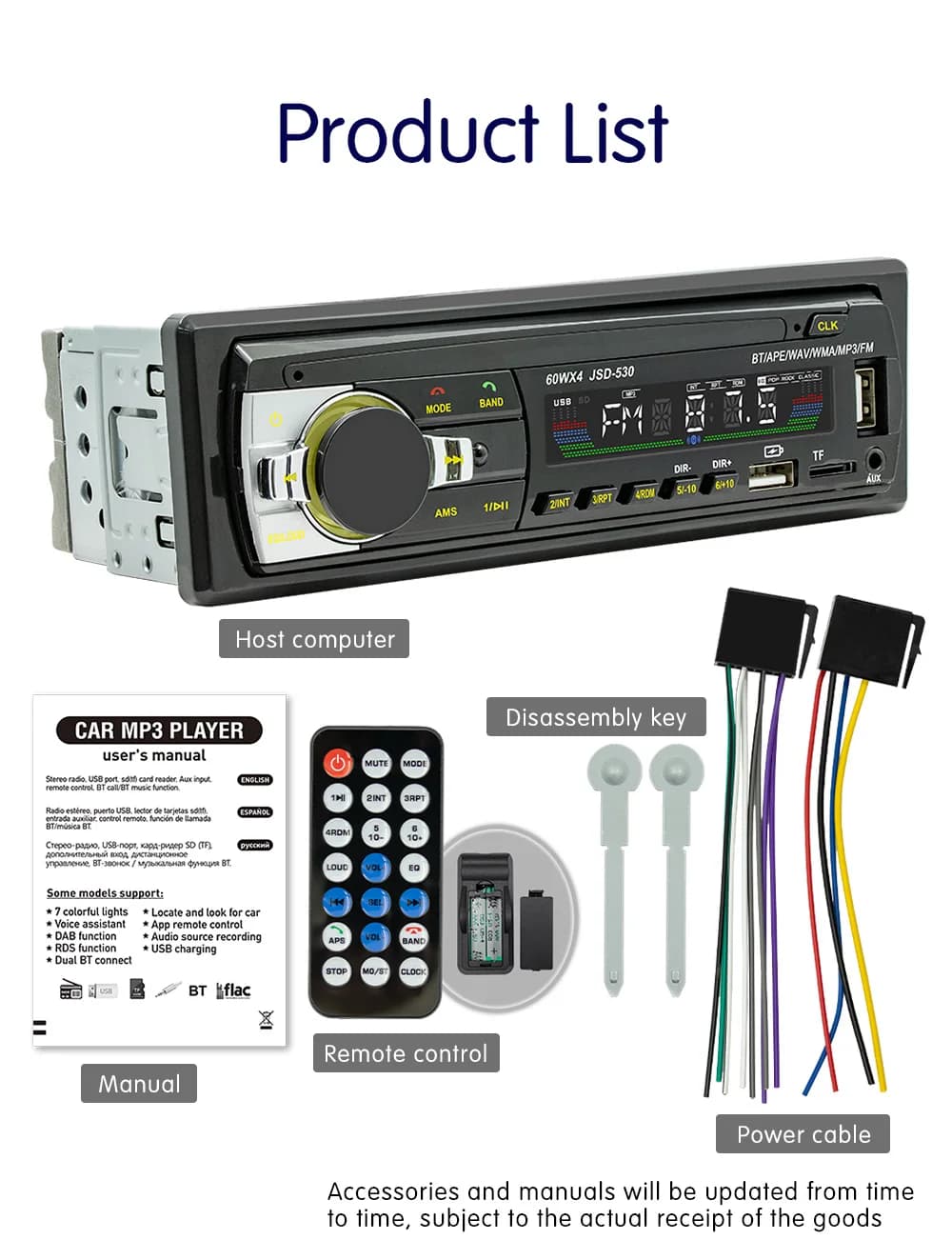 Car Radio Stereo Player Digital Bluetooth MP3 Player JSD-530 520 60Wx4 FM Audio Stereo Music USB/SD with In Dash AUX Input