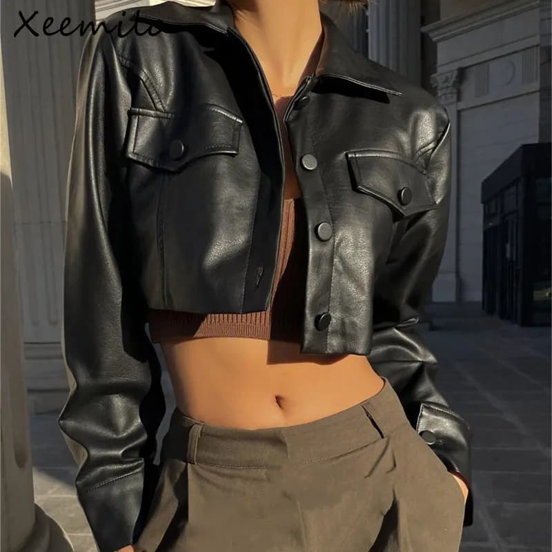 WhereMery Faux Leather Short Jacket Y2K Turn-down Collar Fashion Botton Decoration PU Coat 2022 Grunge Street Casual Women Coats