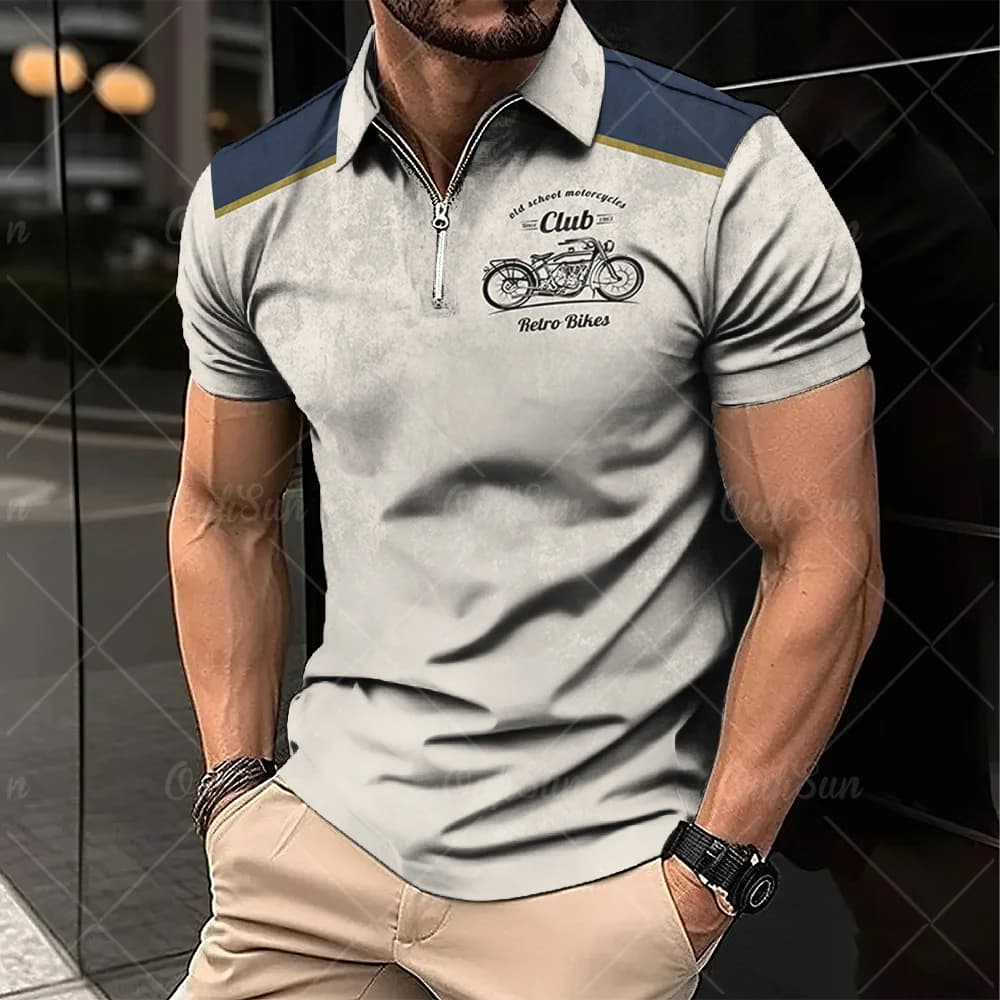 Vintage Short Sleeve Men's Polo Shirts Motocycle 3d Print Lapel Zipper Man Top High Quality Oversized Male Shirt Casual Clothing