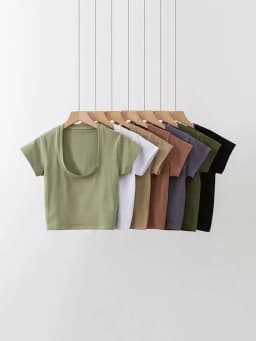 U-Neck Crop Top Solid Color Women Casual High Waist T Shirt Basic Sexy Streetwear Short Sleeve Slimming