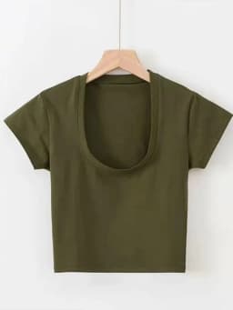 U-Neck Crop Top Solid Color Women Casual High Waist T Shirt Basic Sexy Streetwear Short Sleeve Slimming