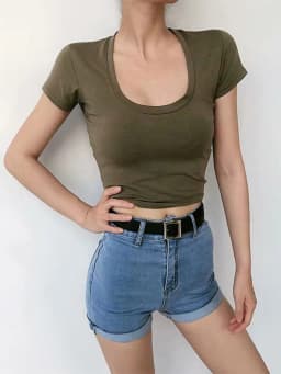U-Neck Crop Top Solid Color Women Casual High Waist T Shirt Basic Sexy Streetwear Short Sleeve Slimming