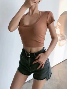 U-Neck Crop Top Solid Color Women Casual High Waist T Shirt Basic Sexy Streetwear Short Sleeve Slimming
