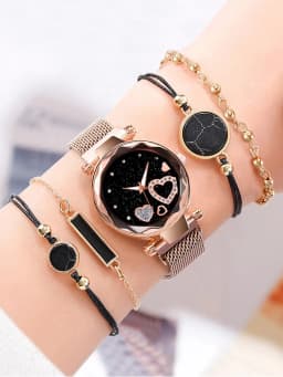 5pcs Women's Fashion Starry Sky Love Absorbent Iron Mesh with Quartz Watch+Bracelet Combination Set