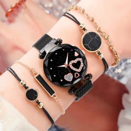 5pcs Women's Fashion Starry Sky Love Absorbent Iron Mesh with Quartz Watch+Bracelet Combination Set