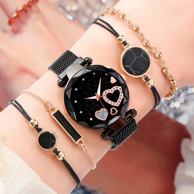 5pcs Women's Fashion Starry Sky Love Absorbent Iron Mesh with Quartz Watch+Bracelet Combination Set