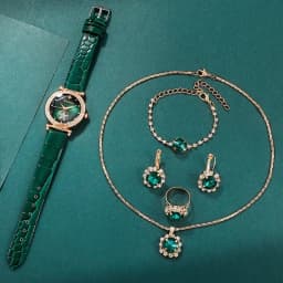 6PCS Set Green Luxury Quartz Watch Women Ring Necklace Earring Rhinestone Fashion Wristwatch Casual Ladies Bracelet Watches