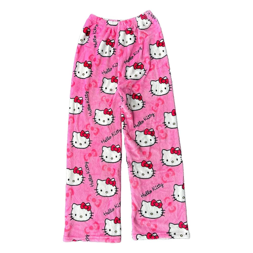 Sanrio Hello Kitty Flannel Pajamas Black Women'S Warm Woolen Cartoon Casual Home Pants In Autumn Winter Fashion Trousers