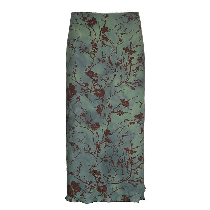 CIBBAR Harajuku Floral Print Long Skirt Vintage Low Rise Straight Midi Skirts for Women Autumn Basic All-match Skirts Ladies Y2k
