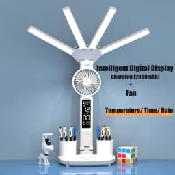 3in1 Multifunction Table Lamp LED Four-headed Folding With Fan Calendar Clock USB Rechargeable Desk light 3 color Reading Lamp