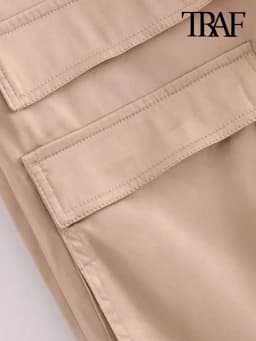 Women Fashion With Pockets Satin Cargo Pants Vintage High Waist Zipper Fly Female Trousers Mujer
