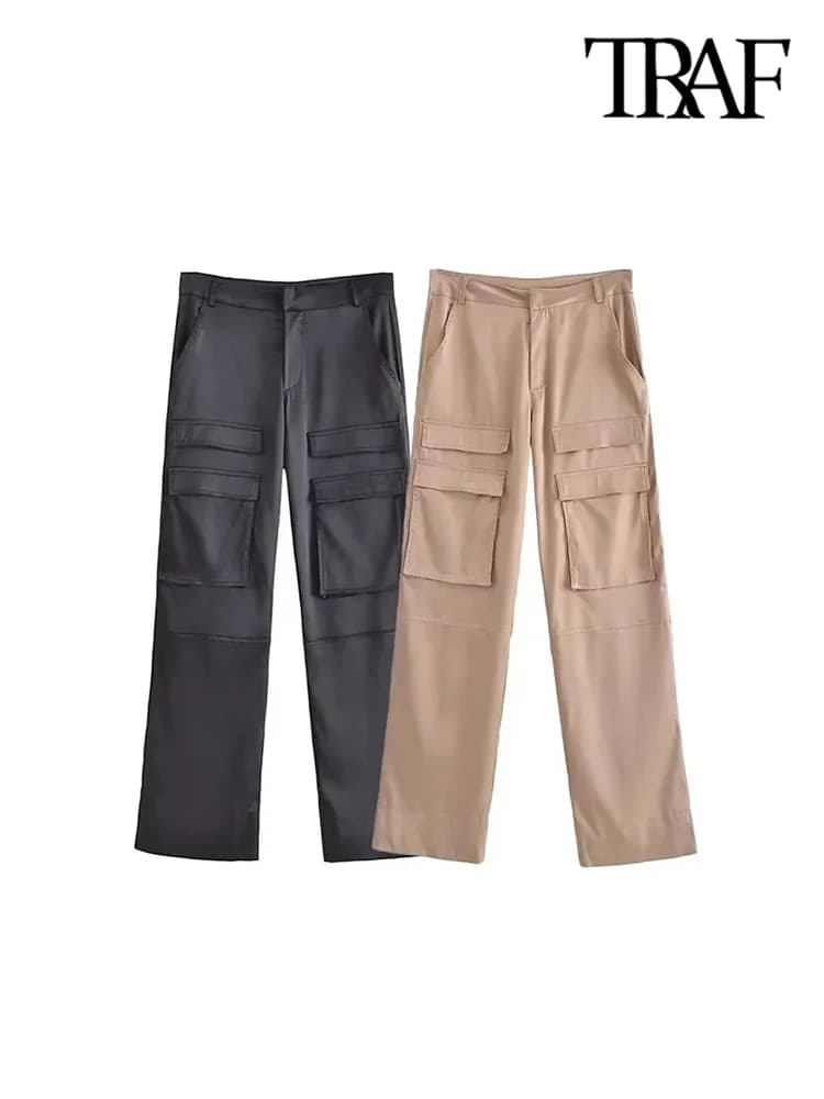 Women Fashion With Pockets Satin Cargo Pants Vintage High Waist Zipper Fly Female Trousers Mujer