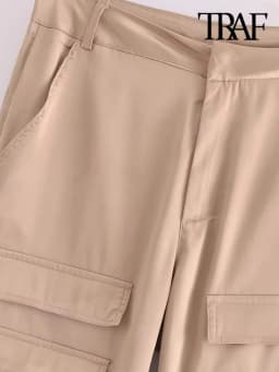 Women Fashion With Pockets Satin Cargo Pants Vintage High Waist Zipper Fly Female Trousers Mujer