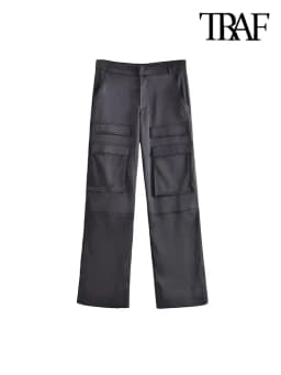 Women Fashion With Pockets Satin Cargo Pants Vintage High Waist Zipper Fly Female Trousers Mujer