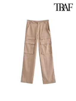 Women Fashion With Pockets Satin Cargo Pants Vintage High Waist Zipper Fly Female Trousers Mujer