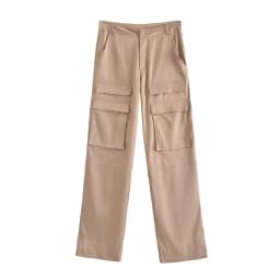 Women Fashion With Pockets Satin Cargo Pants Vintage High Waist Zipper Fly Female Trousers Mujer