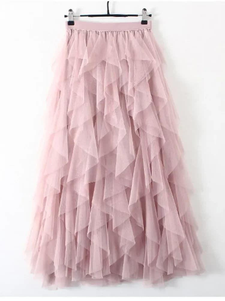 TIGENA Tutu Tulle Long Maxi Skirt Women Fashion 2023 Korean Cute Pink High Waist Pleated Skirt Mesh Female Lady Aesthetic Faldas