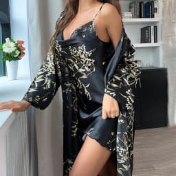 Women's Four Seasons Home Furnishing Lace Up Pajama Pajama Dresses Two Piece Set Thin Outerwear Medium Length Pajama Set