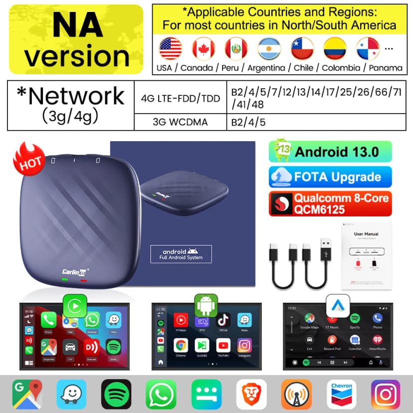 2025  CarlinKit CarPlay AI Box Android 13.0 SM6225 QCM6125 Android Auto Wireless CarPlay Adapter 2.4+5GGPS 64G 128G FOTA Upgrade