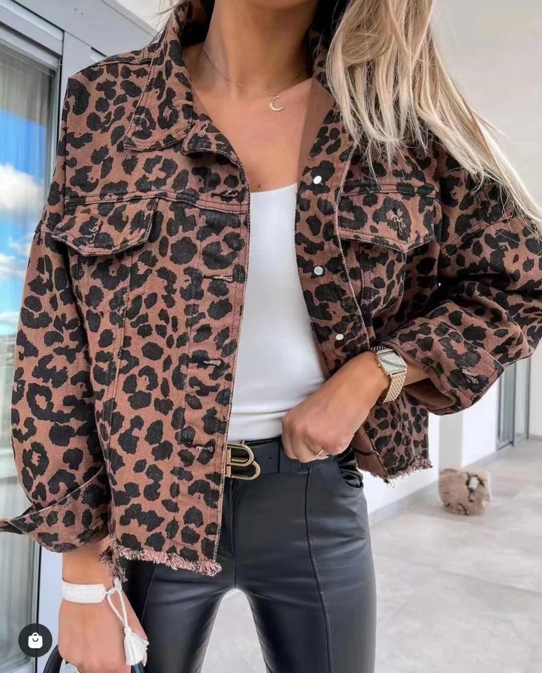 Fashionable and Trendy 2023 Spring Leopard Denim Coat for Women New European and American Style