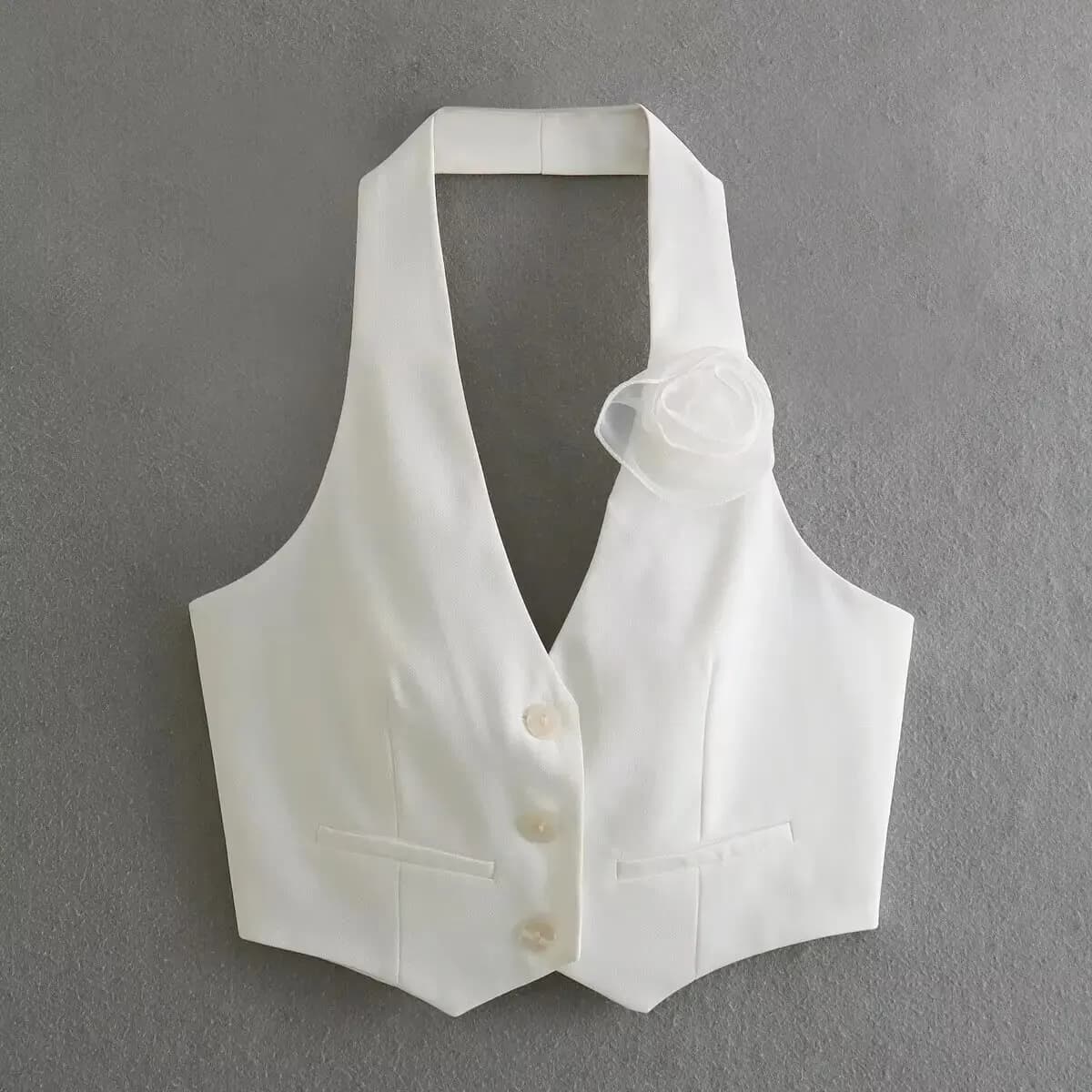 New 2023 Women Sweet Floral Appliques Sleeveless Halter Camis Tank Lady Back Buttons Slim Summer Crop Tops LS5802